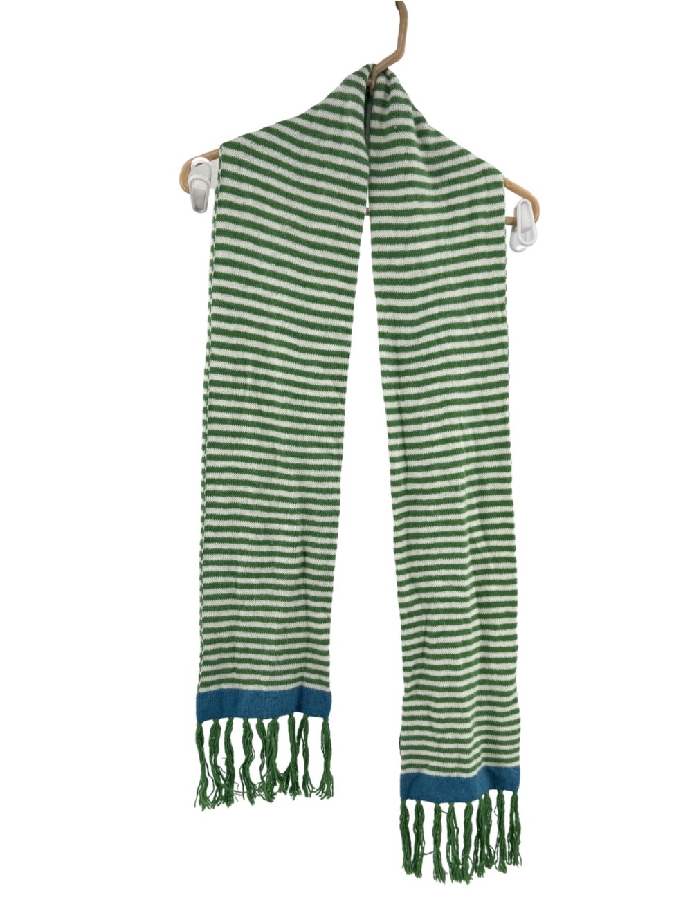 Merona Green and White Striped Knit Scarf rabbit hair fringe tassels winter